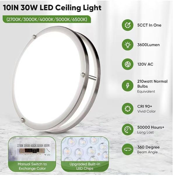 Modern Dual Ring LED AC Ceiling Light 24W Flush Mount Acrylic Cover Steel Base IP44 Waterproof High CRI 90 3-Year Warranty Hotel