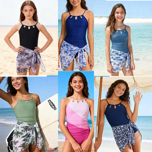 Teenager-Mädchen Badeanzug Einteiliger Badeanzug mit Netz-Überwurf 2-teiliges Set Kinder Strandkleidung Bademode + Wickelrock Größe 6-16 Jahre Maßanfertigung - Product Image 2