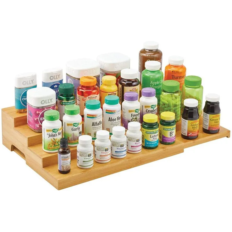 Adjustable Expandable Drawer Cabinet Bamboo Spice Rack Caddy Condiment Wood Seasoning Organizer Tray