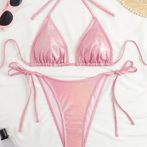 Maillot de bain bikini triangle de couleur unie avec encolure halter à nouer, ensemble 2 pièces pour femmes, pour la natation et les sports nautiques - Product Image 3