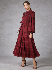 Nuovo Abito Rosso 2026 Sexy con Drappeggio e Diamanti, a Maniche Lunghe, Aderente e Fasciante in Vita, con Paillettes, per Occasioni Formali - Product Image 1