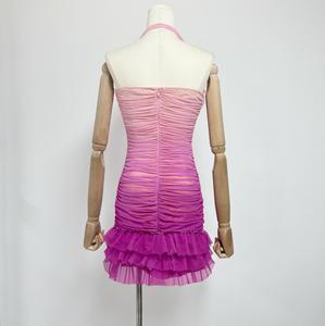 2025 nuovo stile Trap brillo sfumato rosa fatato plissettato in Chiffon naturale tessuto Sexy scollo all'americana abito donna - Product Image 6
