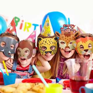 16 confezioni per bambini decorazioni per feste di compleanno nella giungla Safari a tema Zoo forniture per feste per bambini Cosplay di animali cartoni animati maschera di carta oggetti di scena - Product Image 1