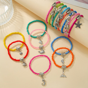 Conjunto de Pulseras de Cuentas de Vidrio de Colores con Colgante de Aleación de Ballena y Estrella de Mar, Joyería para Regalo, Amuleto de Moda Unisex - Product Image 1