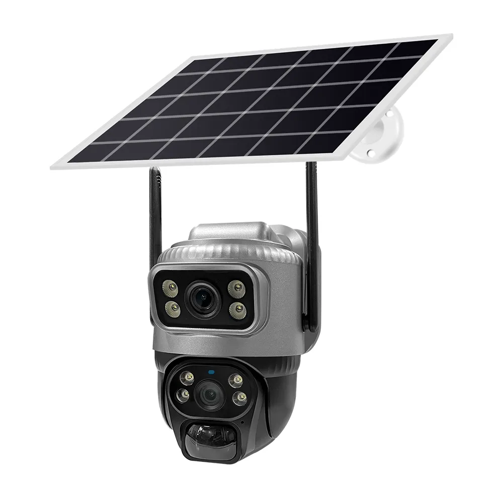 Sim kart ile çift lens kamera gri renk güneş kamera ile 4G güneş PIR kamera