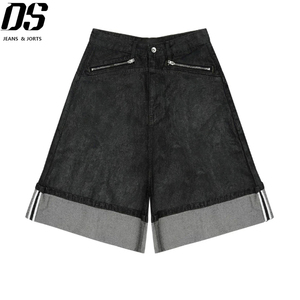 Baggy Denim Shorts mit individuellem Muster, bedruckte Baggy-Jeans-Shorts, Cropped Pants, Streetwear, gewaschenes Schwarz, Overrolled Carpenter Shorts - Product Image 1