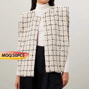 Oem personalizado pequeño Moq O cuello frente abierto a cuadros Tweed Chaleco de gran tamaño Casual chaqueta de <span class=keywords><strong>mujer</strong></span> de alta calidad - Product Image 1