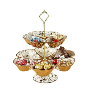 Ceramic golden cake plates 2 layers porcelain plate sets dessert dish with holders