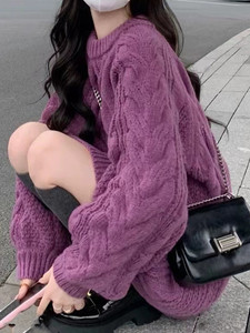<span class=keywords><strong>HAYU</strong></span> 2024 nuevo suéter de punto retorcido de cuello redondo para mujer de otoño e invierno, ropa exterior púrpura, Tops de viento perezosos para mujer - Product Image 5