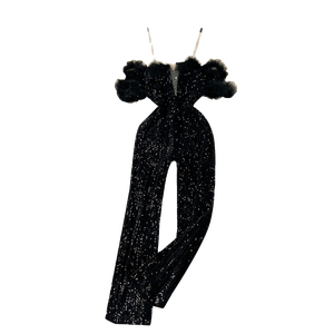 <span class=keywords><strong>Tuta</strong></span> Lunga <span class=keywords><strong>Elegante</strong></span> da Donna Taglie Forti <span class=keywords><strong>in</strong></span> Stile Americano con Scollo a V, Vita Alta, Patchwork di Paillettes e <span class=keywords><strong>Pizzo</strong></span> - Product Image 5