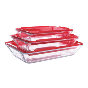 Lot <span class=keywords><strong>de</strong></span> 4 récipients alimentaires en verre trempé avec couvercle PP, plats <span class=keywords><strong>de</strong></span> cuisson ovales et rectangulaires avec poignées, compatibles micro-ondes - Product Image 1