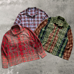 Camiseta pesada personalizada de diseñador Premium, camisas de franela con diamantes de imitación a cuadros, camiseta de lavado ácido de manga larga de gran tamaño de alta calidad - Product Image 1