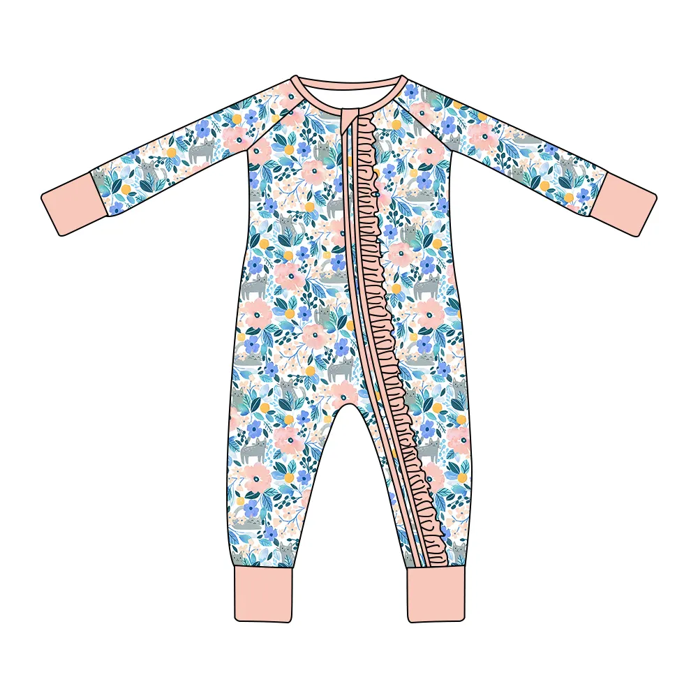 بدلة جسم من القطن والخيزران بأرجل طويلة صديقة للبيئة رومبير للأطفال من قماش الخيزران الزهري