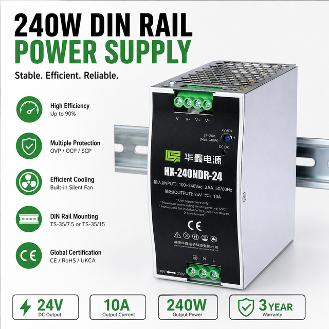 240W 24V 10A DIN Rail Switching Power Supply AC DC Regulated SMPS for Industrial Automation LED Strip CCTV HX-240NDR-24
