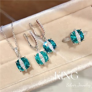 Ensemble de bijoux en argent King Silver avec pierre Paraiba bleue, collier, bague et boucles d'oreilles en argent sterling pour femmes, pour mariage - Product Image 1