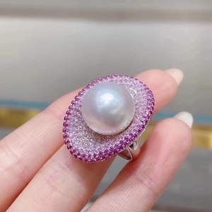 Bague en argent pur S925 de luxe léger, incrustée de perle naturelle, 13-12 mm, ronde, sans défaut, design réglable à l'avant - Product Image 4