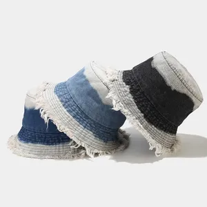 2024 mode blanc lavé Denim coton seau chapeau en gros gland Protection solaire pêcheur chapeau pour femmes hommes