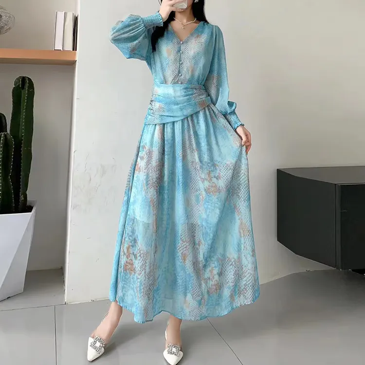 Bán Buôn Giá 6 Màu Sắc Dài Tay Áo V Nút Cổ Phía Trước Voan Thanh Lịch Mới Mùa Thu Phụ Nữ Dresses