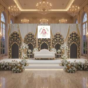 Décor de scène de mariage haut de gamme avec arche florale et panneaux décoratifs pour cérémonies indiennes et décoration de salles événementielles - Product Image 3