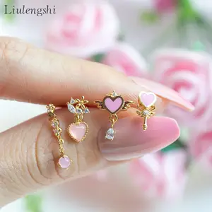 Серьги для пирсинга в Корейском стиле, милые розовые серьги с кристаллами в виде крыльев и сердец, с розовым камнем по месяцу рождения, для подруги