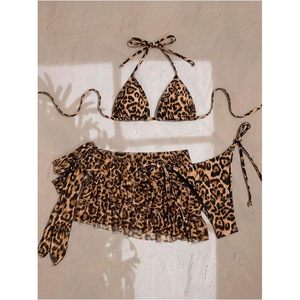 FOXA Women's 3 Piece Leopard <b>Bikini</b> <b>Set</b> Halter <b>Triangle</b> Tie Side With Cover Up Skirt Stretch Spandex Polyester - Product Image 3