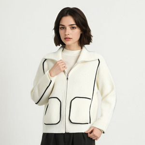 Áo khoác cardigan len dệt kim nữ cổ điển kẻ sọc có khóa kéo, chất liệu len 100%, dày dặn, ấm áp, có túi - Product Image 4