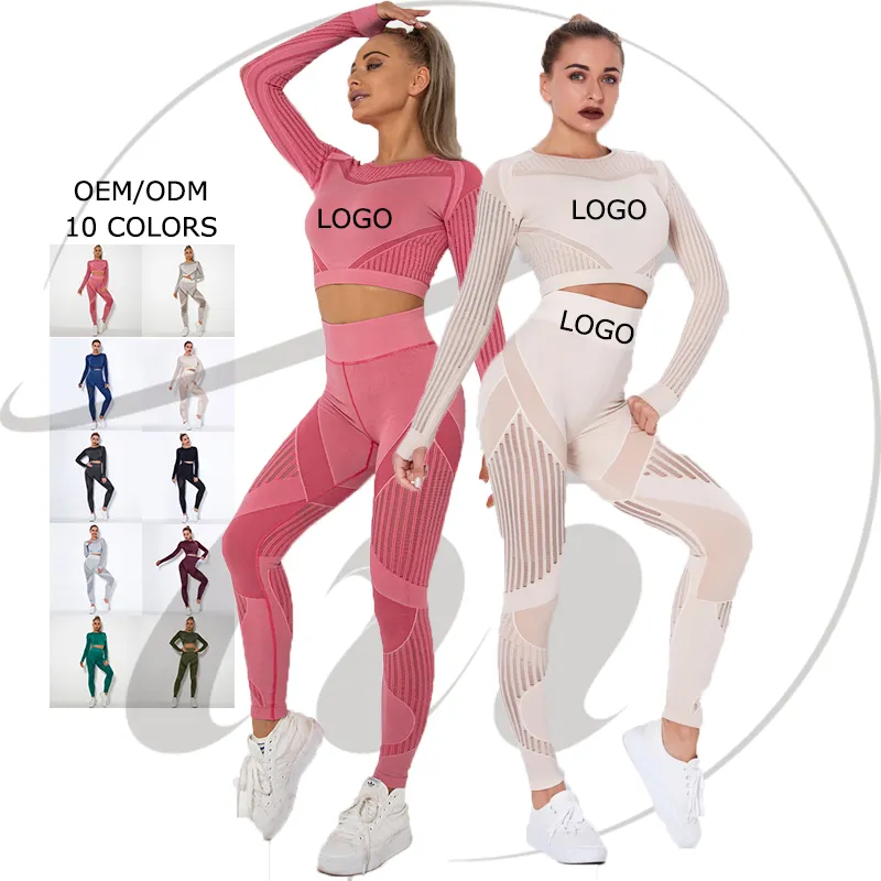 XS-L Seamless Hollowed-out Long Sleeve Sports Top And Fitness Running Yoga Leggings For Women