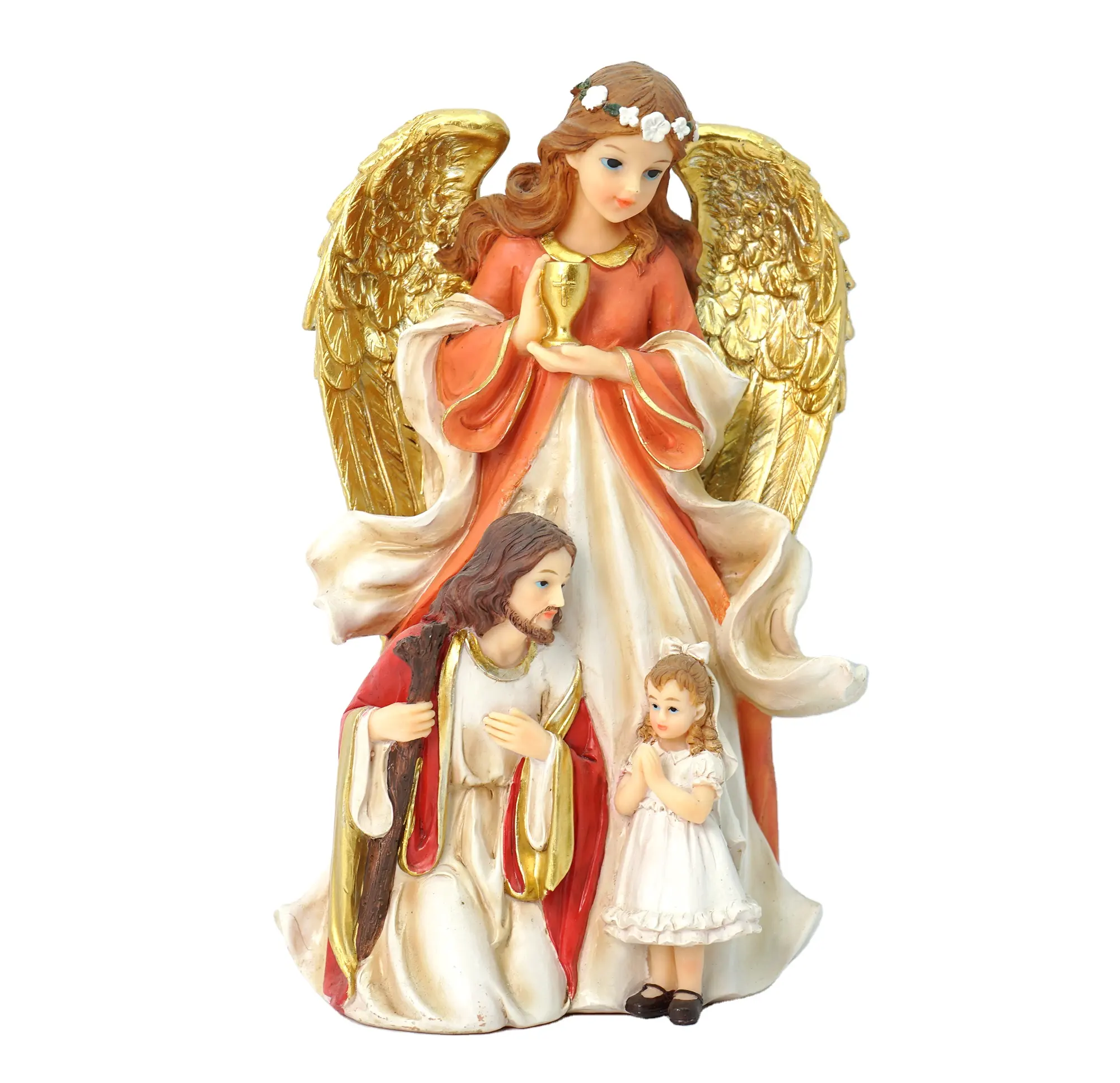 Top Grace Wood grain holy family & guardian angel open arms religious gift decoration durable high-quality resin wood sculpture