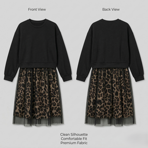 Robe longue d'automne pour femme, col rond, sweat-shirt imprimé léopard, maille ajourée, fabricant de vêtements sur mesure - Product Image 3