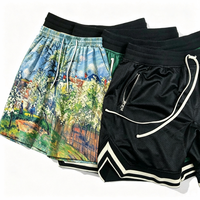 Shorts de basketball pour hommes, design impressionniste, maille 160 GSM, ceinture noire, ourlet rayé, encolure en V, cordon de serrage, impression personnalisée