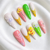 Ongles à presser 3D couleur vive, 10 pièces par paquet, en acrylique, faits à la main, design floral de luxe, vente en gros