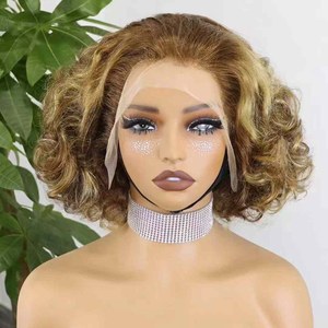 4/27 Faits Saillants Ondulés Bob Perruques Courts Remy Cheveux Humains Avec Transparent Swiss Lace Front Pré-Plumé <span class=keywords><strong>pour</strong></span> les Femmes Noires - Product Image 1