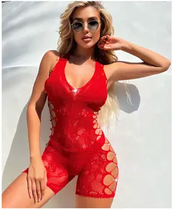 Lingerie seksi wanita, pakaian dalam Halter Neck Hollow Out One Piece Bodysuit baru berkilau