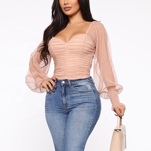 <span class=keywords><strong>Blusa</strong></span> de gasa de encaje transpirable para mujer, camisa de <span class=keywords><strong>manga</strong></span> larga <span class=keywords><strong>con</strong></span> estampado de lunares personalizados, cruzado en el pecho, ombligo desnudo, fruncido - Product Image 5
