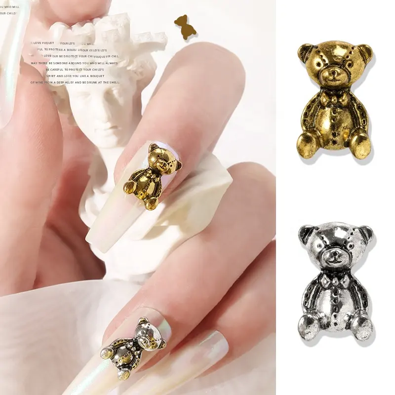 Paso Sico Vintage Emas Perak Beruang Yang Indah Hewan Alloy Logam Hiasan Nail Art Produsen untuk 3D Kuku Seni Dekorasi