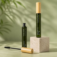 Botol Maskara Alis Kosong YAN Packaging 10ml, Tabung Cairan Pengatur Alis Kaca Hijau Doff dengan Tutup Bambu Ramah Lingkungan, Mewah dan Bulat