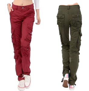 Pantalon cargo pour femme, couleur unie, en toile, décontracté, taille mi-haute, longueur intégrale, avec plusieurs poches, fermeture boutonnée, style automne - Product Image 1