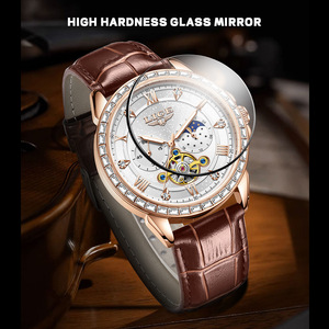 Montre mécanique de luxe pour homme LIGE, chronographe, phase de lune, acier inoxydable, cadran de 44 mm, résistance à l'eau 3 BAR, cuir - Product Image 4