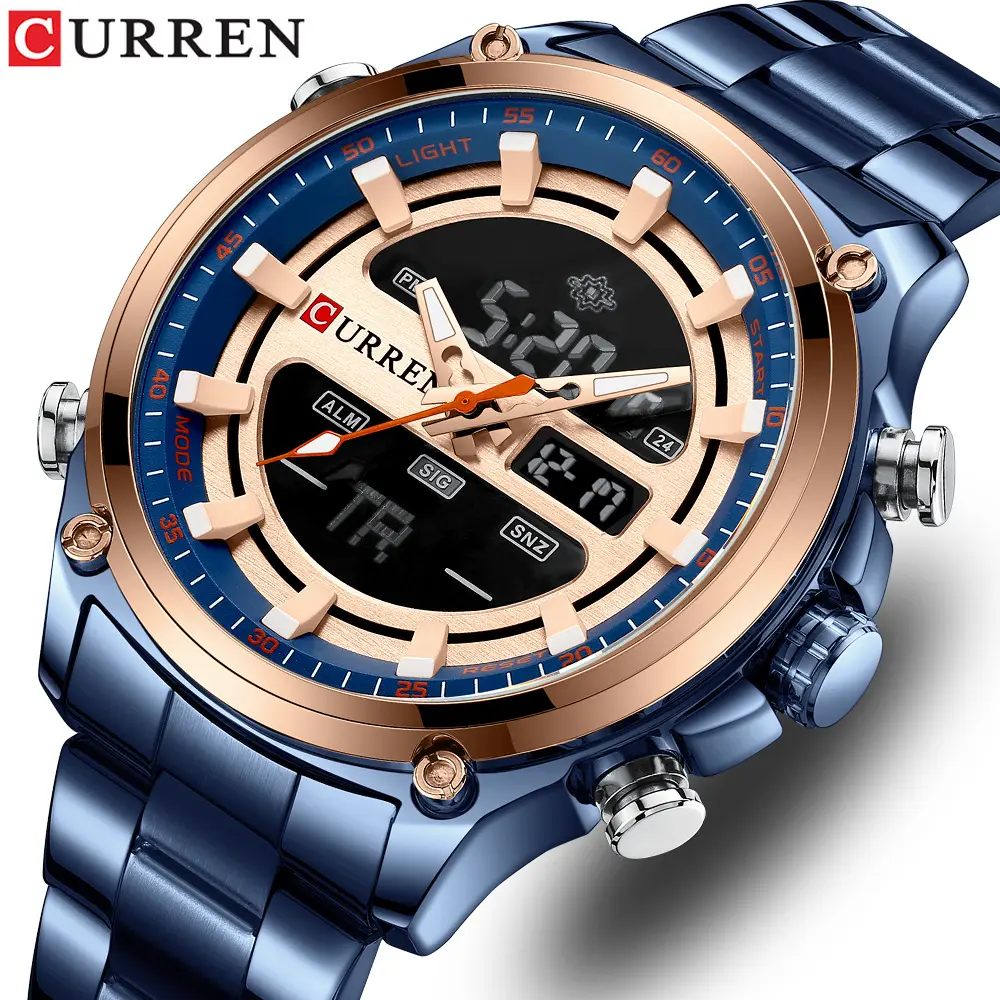 CURREN jam tangan 2023 Quartz pria, arloji Digital Stainless Steel tahan air 8404