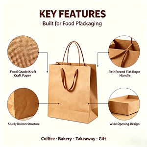 Sacs en papier kraft brun de qualité alimentaire personnalisés avec poignée plate en papier, recyclables, pour boulangerie, à emporter, cadeaux, sacs en papier personnalisés avec logo, vente en gros - Product Image 6