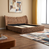Cabecera Curva Ondulada Tapizada en Tela Chenille con Rayas Verticales, Base de Cama de Madera de Pino, Cama Minimalista con Plataforma para Dormitorio