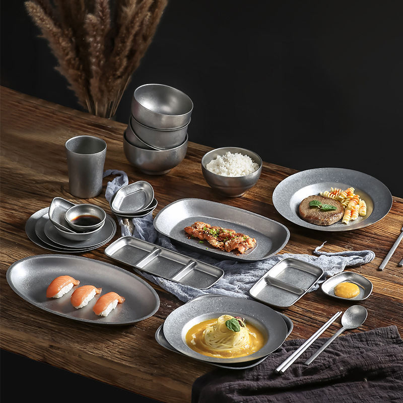 Outdoor Camping Retro Stainless Steel Dinner Set Restaurant Vintage Hiking  Food Plates and Soup Bowls