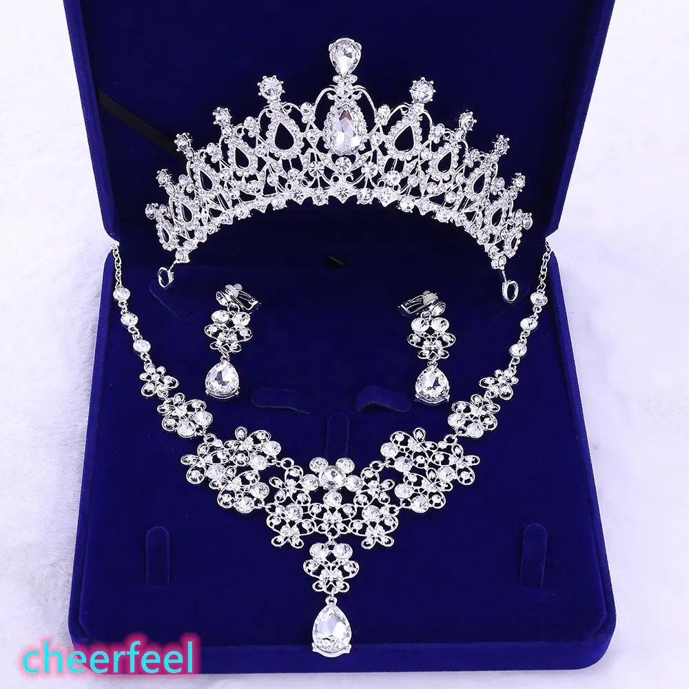 Cheerfeel HS-203 fancy crystal wedding bridal crown tiaras jewelry necklace set for bride