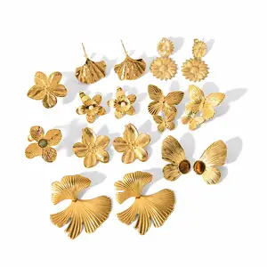 Trendy Vintage Pearl Butterfly Flower Earrings Stainless Steel 18k Gold Plated Oversized Stud Natural Stone Clip Fashion Jewelry