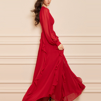 Robes Longues Maxi Femme Créateur Sur Mesure Chiffon Fendu Bords Festonnés Manches Longues Haute Qualité Élégantes Décontractées
