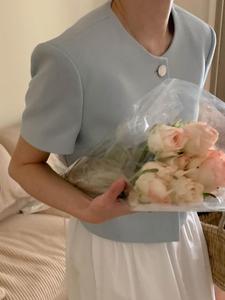 <span class=keywords><strong>Manteau</strong></span> court d'été chic pour femmes de style sud-coréen, élégant et décontracté, petit châle en lapin, manches bouffantes, simple boutonnage, polyester - Product Image 6