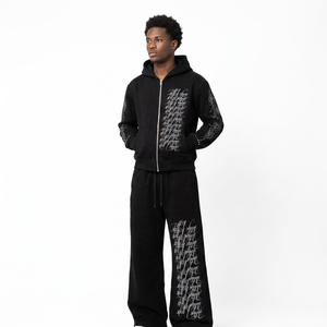 100% Cotton Unisex Winter Fleece <b>Hoodie</b> & Sweatpants Set for <b>Men</b> Activewear Zip-Up <b>Black</b> Track Suit with Embroidery - Product Image 3