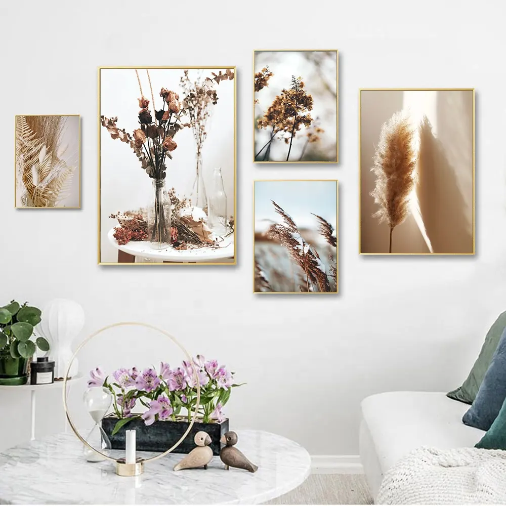 Dried plants and flowers on beige stone canvas painting posters and prints for kitchen bathroom wall canvas art decoration