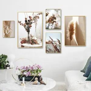 Pintura en lienzo de Plantas secas y flores sobre piedra beige, carteles e impresiones para cocina, baño, decoración artística