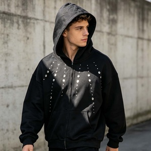 <b>Zip</b>-up Studs Cropped 100% Cotton French Terry Custom Logo <b>Hoodie</b> Oversized Boxy Distressed Mens Hoodies - Product Image 4